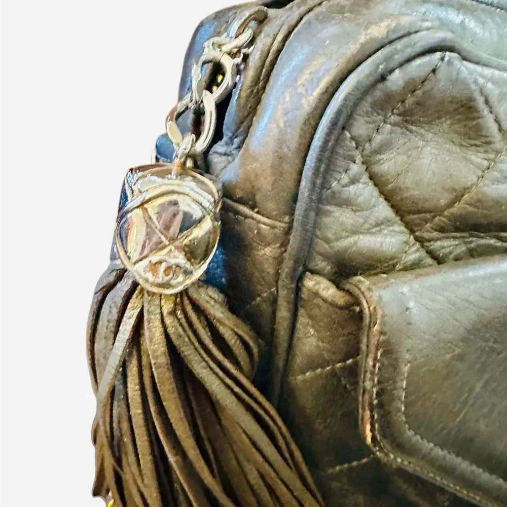 Chanel olive green leather crossbody bag with Tassel Accents